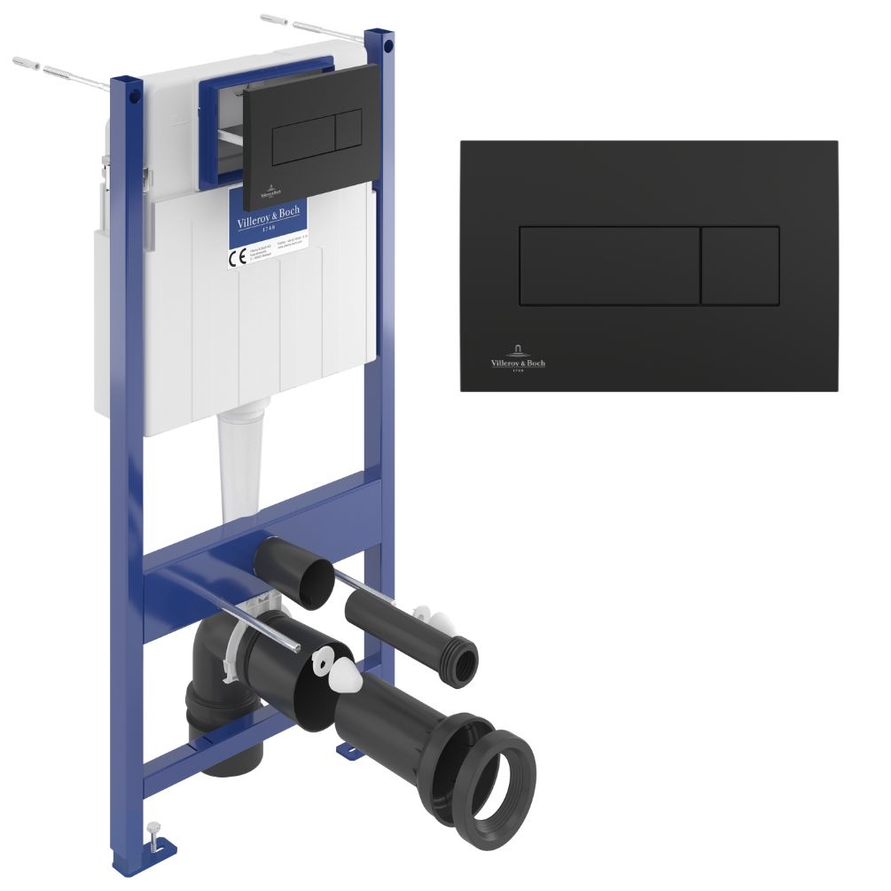 Product cut out photo of Villeroy & Boch ViConnect Pro S 1.12m Toilet Frame in Matt Black with dual flush plate pack 921228AN